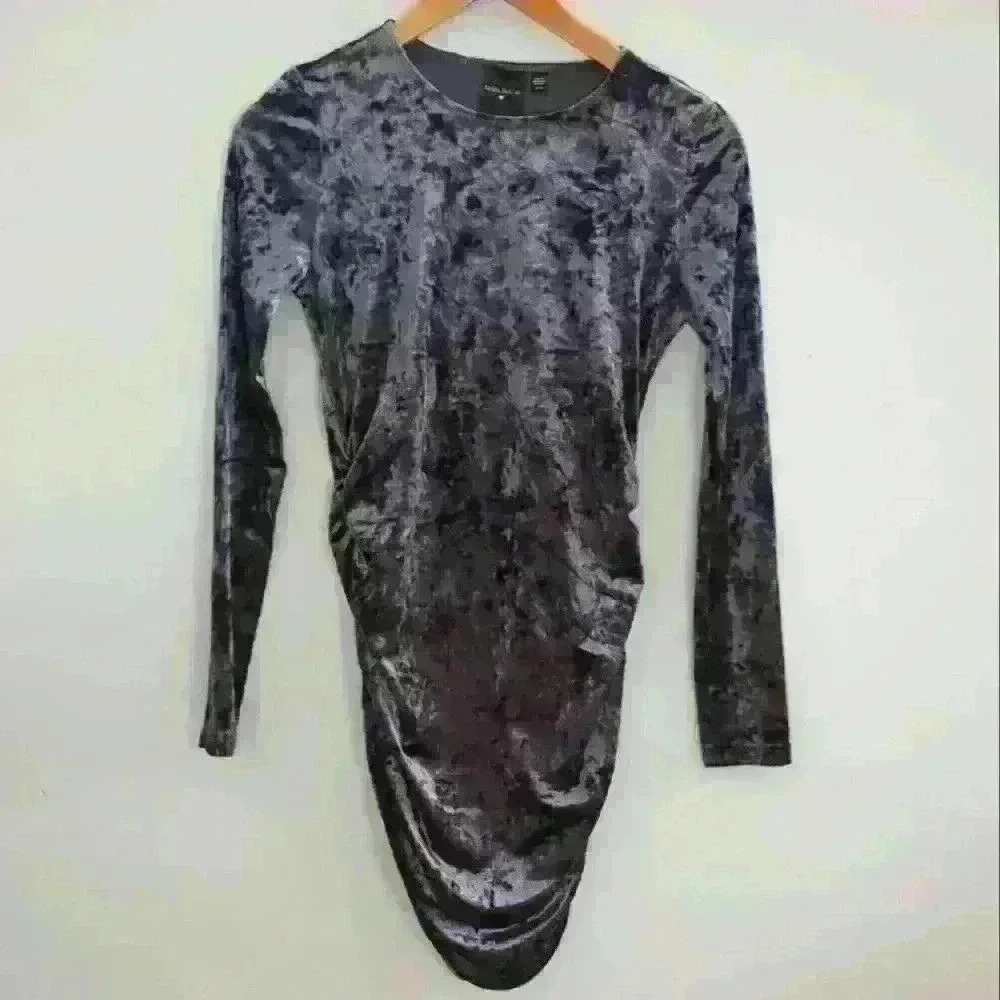 REBEL SUGAR  | Dark Gray Velvet Long Sleeve Ruched Mini Dress